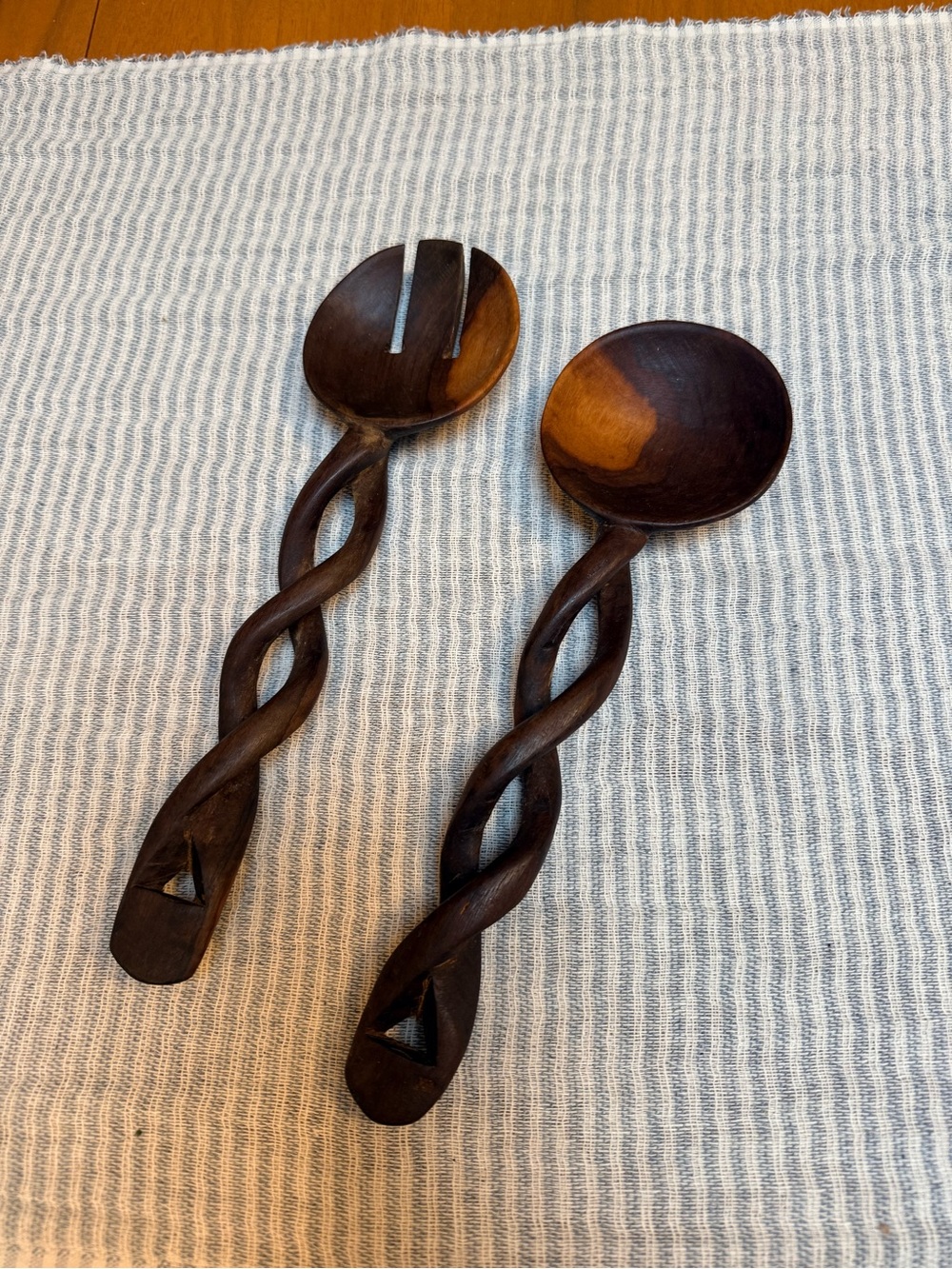 Vintage Hand-Carved Wooden Salad Servers Set – Artisan Twisted Spiral Handles